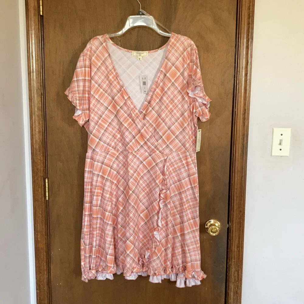 plaid print ruffle detail faux wrap dress w stretch 2X jrs - Picture 5 of 17